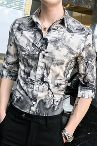 B302 CS145 2021夏装男士山水画男中袖衬衫潮 店主风图片