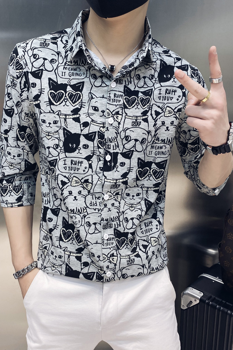 B302CS2482021年夏装小猫印花中袖衬衫社会小伙风,男装衬衫,电商B216（原B302）