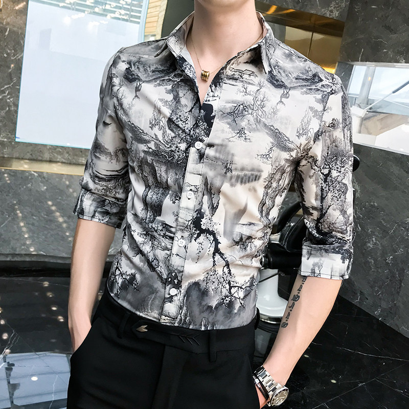B302CS1452021夏装男士山水画男中袖衬衫潮店主风,男装衬衫,电商B216（原B302）