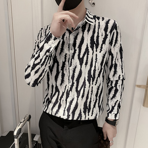 B302 CS329 2021秋装男士斑马纹印花衬衣 社会风 痞帅图片