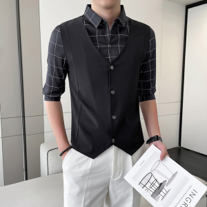 B216 CS272 P55 2025夏装新款男格子中袖假两件衬衫发型师 店主风图片