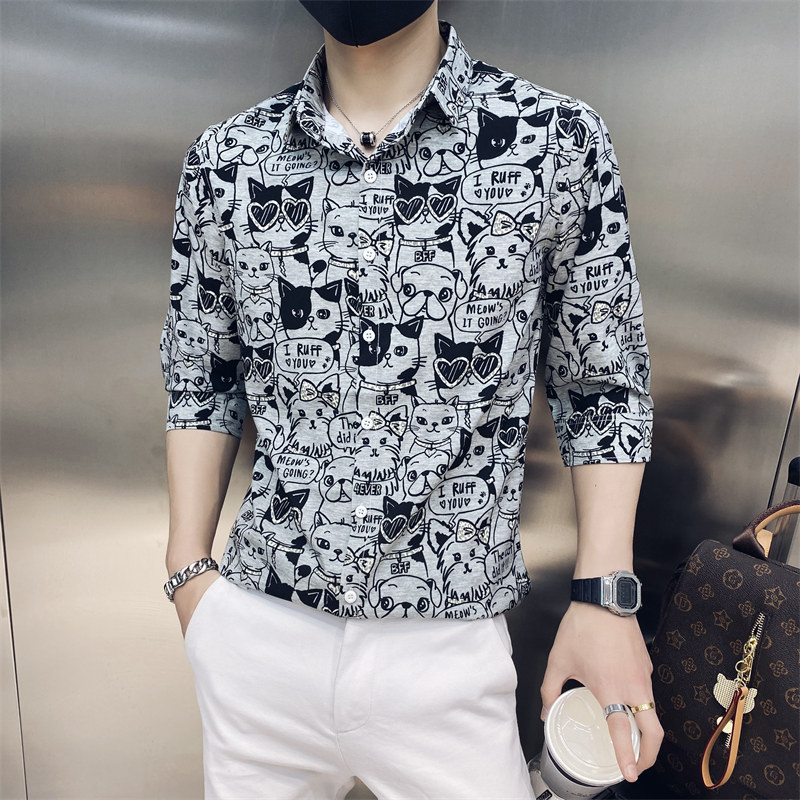 B302CS2482021年夏装小猫印花中袖衬衫社会小伙风，男装衬衫，电商B216（原B302）