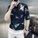 B302CS2372021夏新款彩色蝴蝶印花中袖衬衫社会风，男装衬衫，电商B216（原B302）