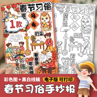 新年春节习俗手抄报电子模版竖版 马年2026扫尘年夜饭贴对联1514