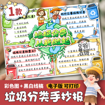 垃圾分类从我做起手抄报电子模版 保护环境绿色低碳环保线稿858