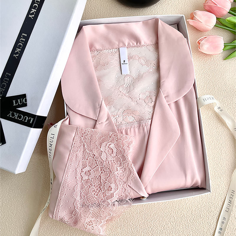 蕾丝花边夏季长袖纯色薄款家居服