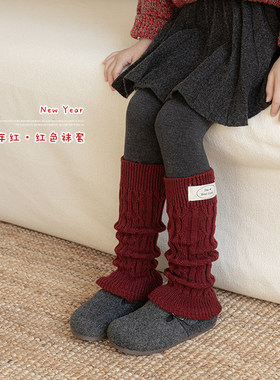 儿童袜套新年红色秋冬季菱形格蝴蝶结加厚保暖过年女孩堆堆小腿袜