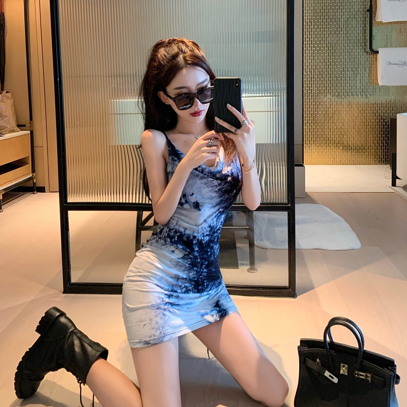 Real price tie dye design sense suspender skirt women's summer sexy temperament dress waist show thin goddess fan skirt