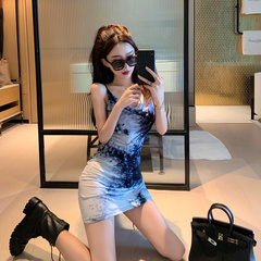 Real price tie dye design sense suspender skirt women's summer sexy temperament dress waist show thin goddess fan skirt