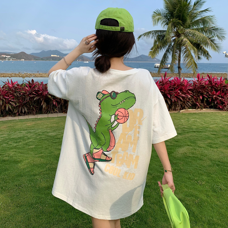 Real shot real price net red ins medium long Korean loose top dinosaur cartoon print short sleeve t-shirt female