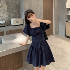 Real price French retro bubble sleeve high waist square neck dress