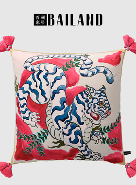 百澜家居YH024中式虎纹丝绒双面印花沙发客厅抱枕靠垫床上靠包