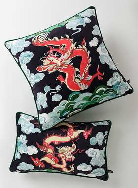 百澜家居YH116黑色龙云纹中国风客厅沙发靠垫新中式抱枕床头腰枕