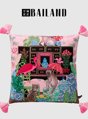 百澜家居YH011粉色复古双面印花新中式沙发客厅抱枕靠垫床上腰枕