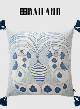 百澜家居YH049浅蓝色复古双面印花新中式沙发客厅抱枕靠垫腰枕套
