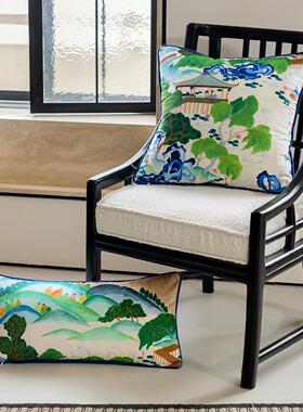 百澜家居YH180蓝绿色新中式山水中国风高级氛围感客厅沙发靠垫枕