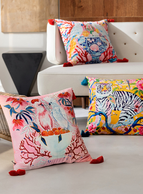 百澜家居YH181新中式丝绒鹦鹉鸟抱枕靠包床头沙发靠垫客厅抱枕套