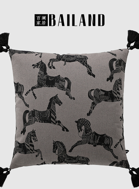 百澜家居YH069灰黑色马中国风客厅沙发靠垫中式复古抱枕床头靠枕