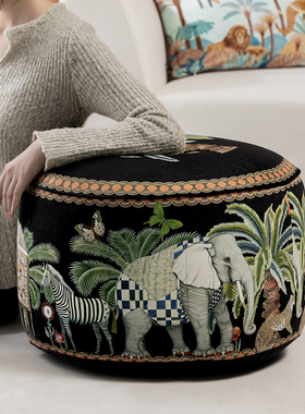 百澜家居DZ004复古斑马大象坐墩黑色可拆洗家用地毯坐墩露台脚墩