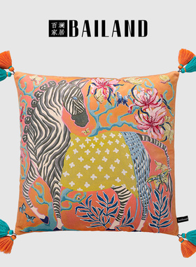 百澜家居YH043新中式丝绒桔色马抱枕靠包床头沙发靠垫客厅抱枕套