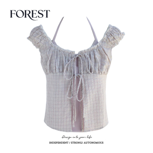 纯欲甜辣短款 新款 挂脖背心格子蝴蝶结蕾丝上衣两件套 夏装 拾野森