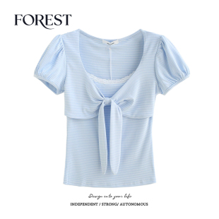 条纹蕾丝花边蝴蝶结短袖 拾野森 纯欲甜辣短款 新款 U领T恤上衣 夏装