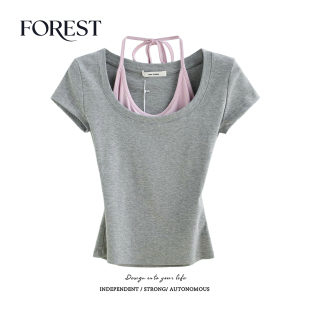 夏装 假两件撞色挂脖U领短袖 新款 复古辣妹短款 T恤上衣 美式 拾野森