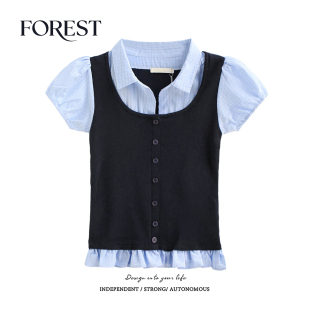 夏装 衬衫 新款 假两件针织U领背心泡泡袖 女上衣 学院风短款 拾野森