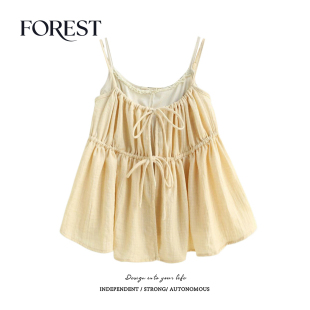 甜美度假风宽松木耳边蝴蝶结抽绳吊带背心两件套 新款 拾野森 春装