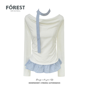 纯欲甜辣收腰格子荷叶边围脖荡领长袖 新款 T恤上衣 春装 拾野森