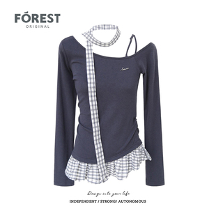 腰格子拼接围脖斜领吊带长袖 不退不换 2件5折 T恤女上衣 清仓