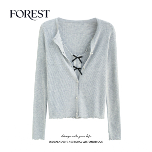 春装 针织开衫 新款 蕾丝蝴蝶结吊带背心长袖 两件套 韩系短款 拾野森