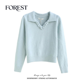 冬装 木耳边V领翻领长袖 新款 温柔短款 套头毛衣上衣 韩版 拾野森