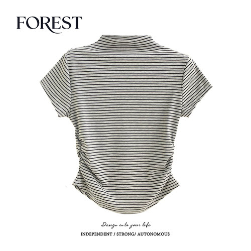 拾野森短款条纹半高领上衣