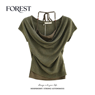 夏装 收褶假两件挂脖荡领短袖 新款 复古辣妹短款 T恤上衣 美式 拾野森