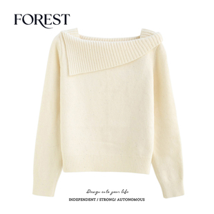 亮片荷叶领一字肩长袖 拾野森 韩系新年短款 新款 套头毛衣上衣 冬装