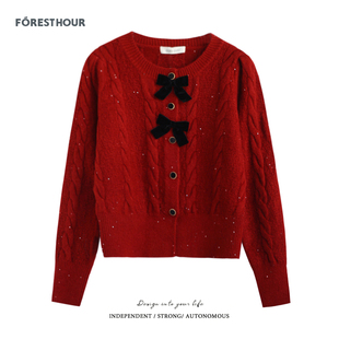 麻花双蝴蝶结亮片毛衣开衫 慵懒风圣诞新年短款 外套 新款 拾野森冬装