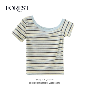 条纹斜领短袖 拾野森 BM风短款 新款 T恤女上衣小个子 夏装