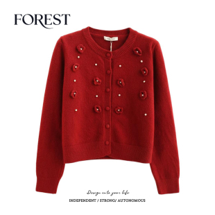 不退不换 2件5折 短款 立体花朵珍珠长袖 外套 圆领毛衣开衫 清仓