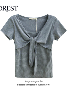 拾野森 夏装新款BM风甜辣短款假两件条纹蕾丝绑带短袖T恤上衣