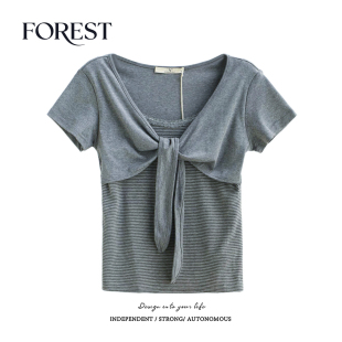 假两件条纹蕾丝绑带短袖 拾野森 BM风甜辣短款 新款 T恤上衣 夏装