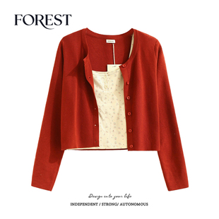 纯欲甜辣短款 新款 碎花吊带背心长袖 针织衫 两件套 拾野森 开衫 秋装