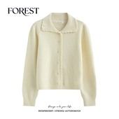 冬装 手钩花边翻领长袖 新款 拾野森 韩版 温柔短款 毛衣开衫 外套