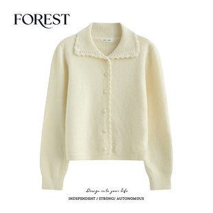 拾野森 冬装新款韩版温柔短款手钩花边翻领长袖毛衣开衫外套