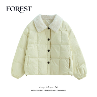 拾野森 冬装新款韩系宽松短款抽绳白鸭绒毛毛翻领羽绒服外套