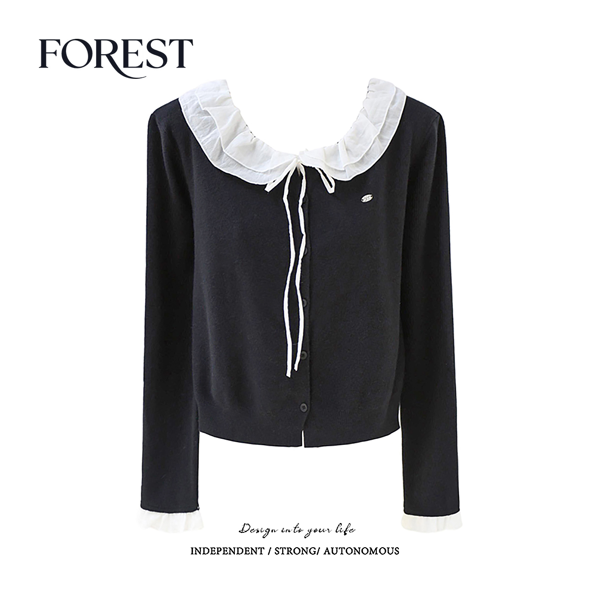 拾野森短款娃娃领系绳针织衫