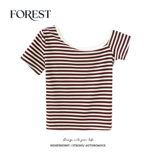 撞色条纹短袖 拾野森 BM风短款 新款 斜领T恤女上衣小个子 夏装