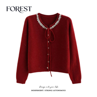 清仓 圆领毛衣开衫 2件5折 温柔亮丝珍珠系绳长袖 外套 不退不换