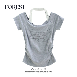 夏装 假两件星星挂脖印花短袖 新款 复古辣妹短款 T恤上衣 美式 拾野森