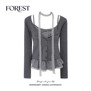 甜辣蕾丝波点荷叶边吊带背心针织开衫 新款 围脖两件套 春装 拾野森